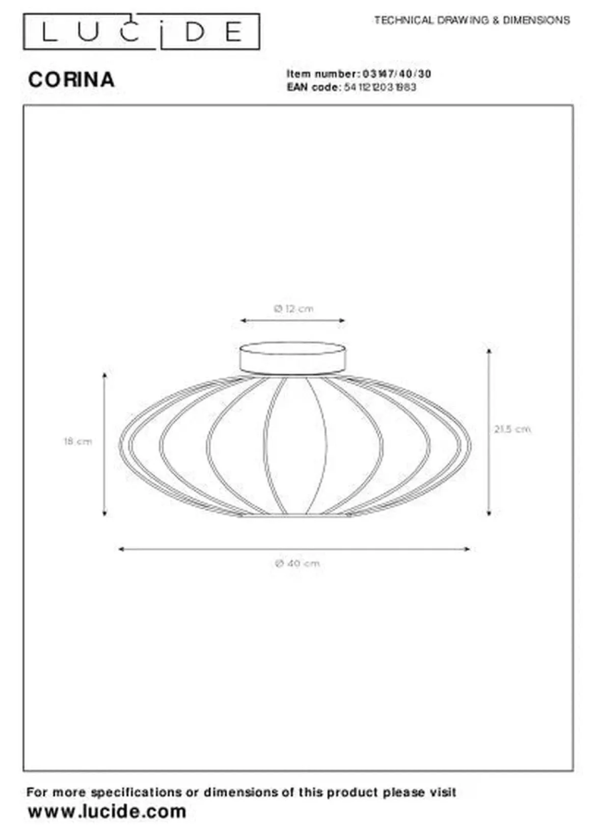 Corina taklampe 40 cm