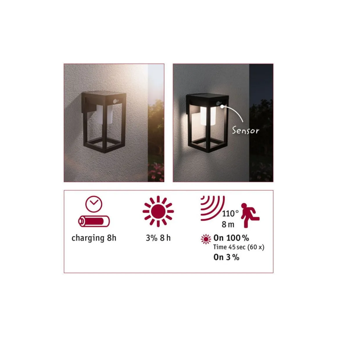 Marisol vegglampe utendørs 5,5W 3000 Kelvin m/bevegelses sensor - Solcelle
