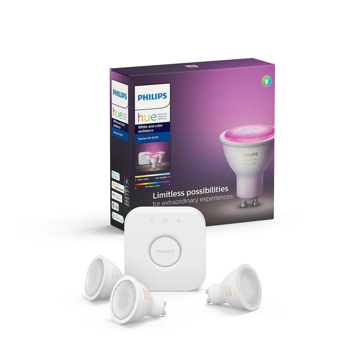 Philips Hue startsett 3 stk GU10 white and colore ambiance bluetooth inkludert bro