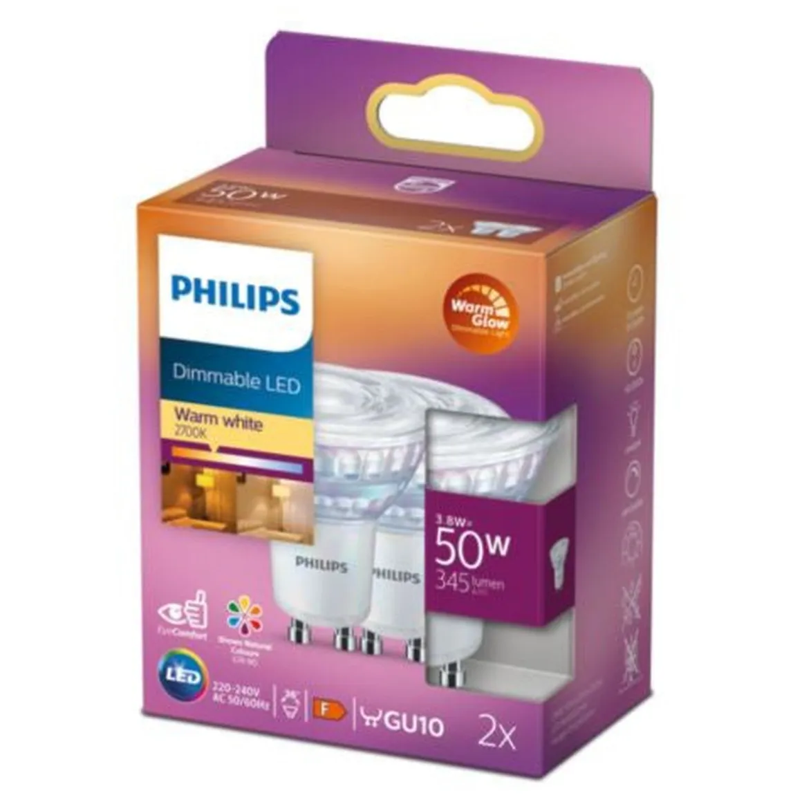 Philips 3,8W (50W), warmglow dimbar GU10 LED RA90 - 2 pakning