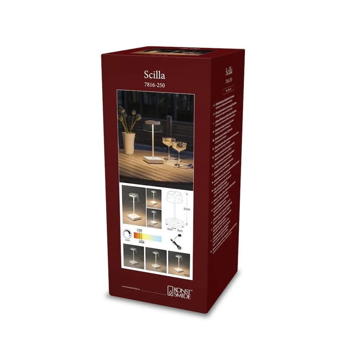 Scilla bordlampe 27 cm IP54 oppladbar USB - Hvit