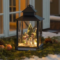 Stor lykt med juletre og snømenn - 42cm