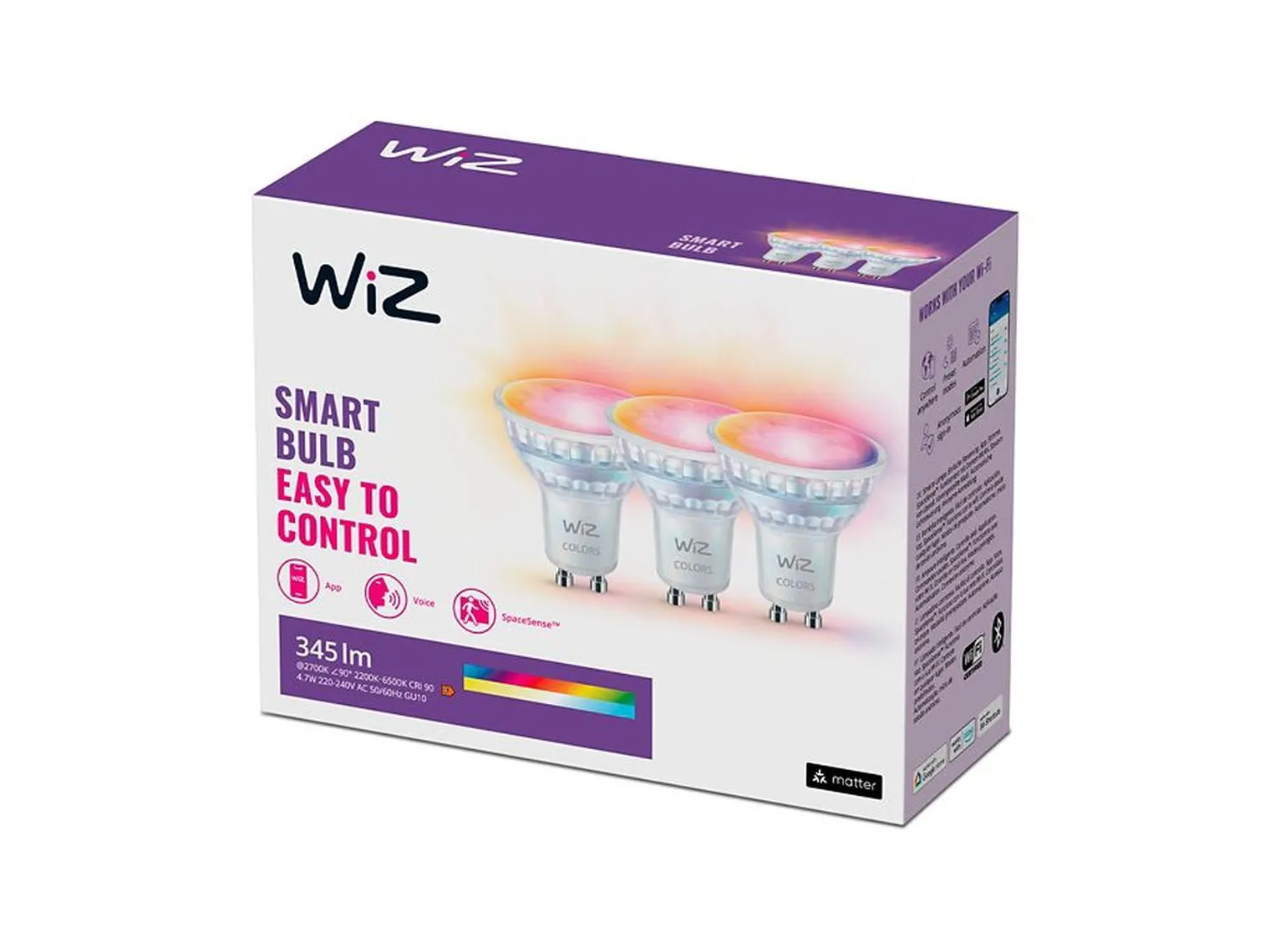 WiZ GU10 Lyspære 4,7W Wifi - Fullfarge 3 pakning